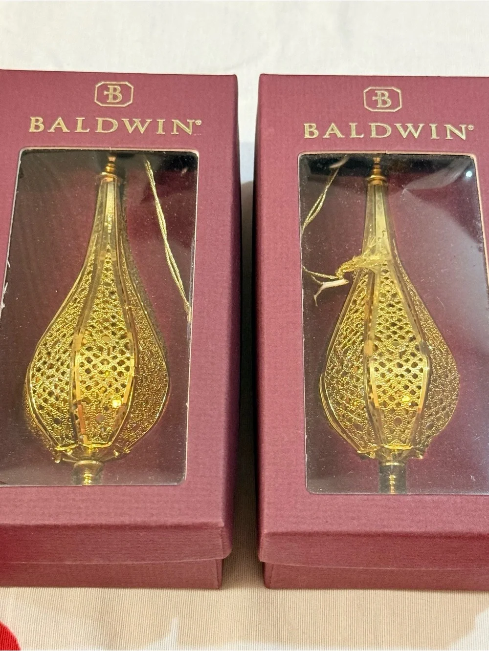 BALDWIN 24kt GOLD FINISH BRASS DROPLET CHRISTMAS ORNAMENT 77020.010 Lot of 2 VTG